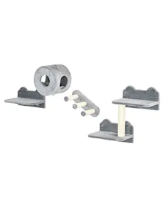PawHut 4PCs Wall-Mounted Cat Tree, with Steps, Perch, Cat House - Grey