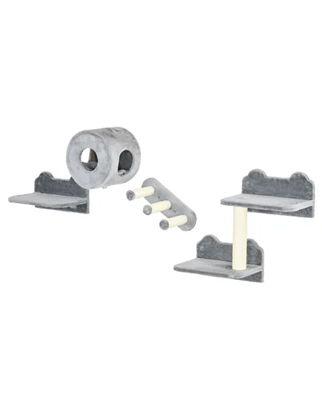 PawHut 4PCs Wall-Mounted Cat Tree, with Steps, Perch, Cat House - Grey