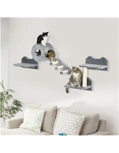 PawHut 4PCs Wall-Mounted Cat Tree, with Steps, Perch, Cat House - Grey 2