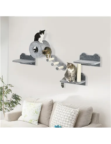 PawHut 4PCs Wall-Mounted Cat Tree, with Steps, Perch, Cat House - Grey