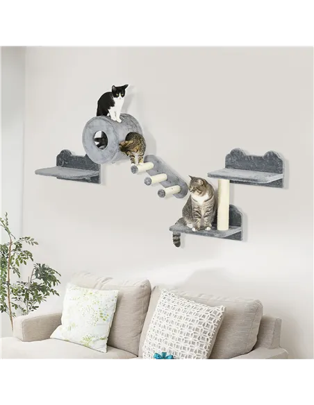 PawHut 4PCs Wall-Mounted Cat Tree, with Steps, Perch, Cat House - Grey