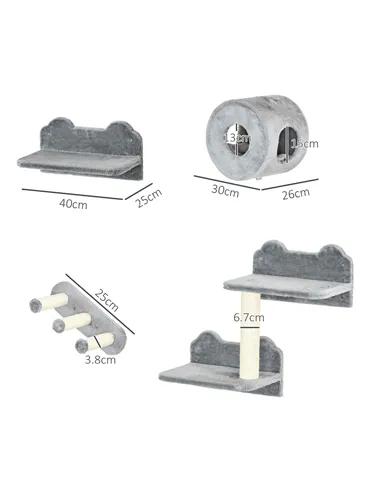 PawHut 4PCs Wall-Mounted Cat Tree, with Steps, Perch, Cat House - Grey