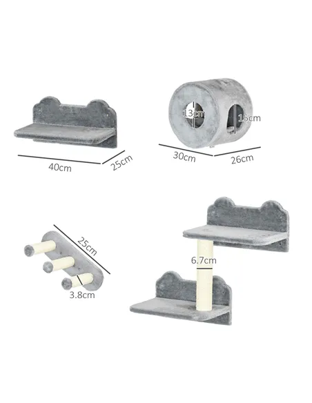 PawHut 4PCs Wall-Mounted Cat Tree, with Steps, Perch, Cat House - Grey