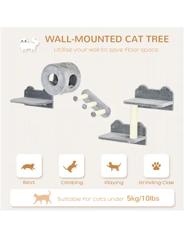 PawHut 4PCs Wall-Mounted Cat Tree, with Steps, Perch, Cat House - Grey