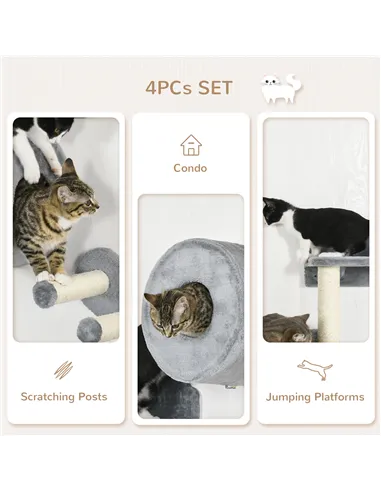 PawHut 4PCs Wall-Mounted Cat Tree, with Steps, Perch, Cat House - Grey
