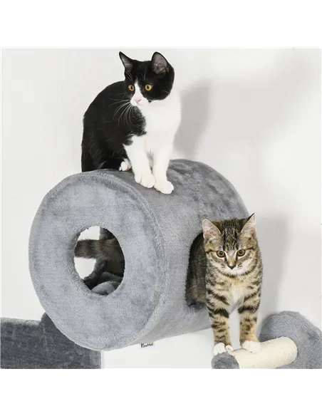 PawHut 4PCs Wall-Mounted Cat Tree, with Steps, Perch, Cat House - Grey