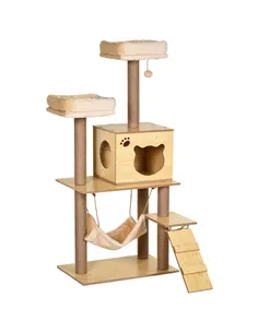 PawHut 130cm Cat Tree for Indoor Cats, Multi-Level Plush Cat Tower, with Five Scratching Posts, Two Perches, Cat House, Hammock