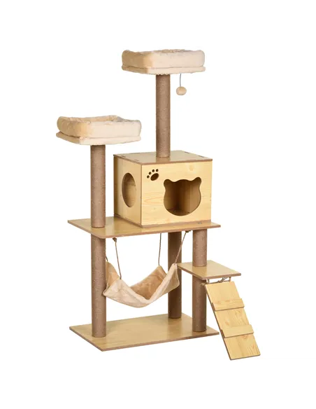 PawHut 130cm Cat Tree for Indoor Cats, Multi-Level Plush Cat Tower, with Five Scratching Posts, Two Perches, Cat House, Hammock