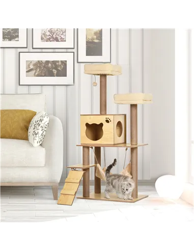 PawHut 130cm Cat Tree for Indoor Cats, Multi-Level Plush Cat Tower, with Five Scratching Posts, Two Perches, Cat House, Hammock
