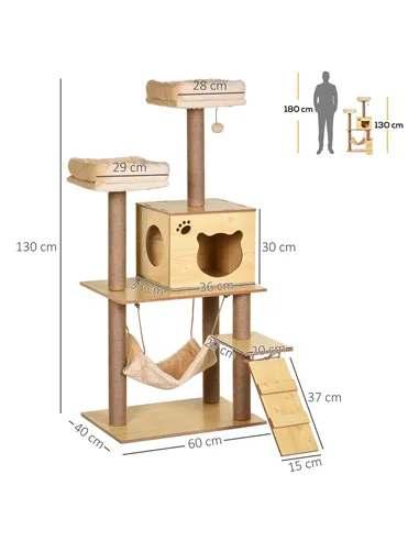 PawHut 130cm Cat Tree for Indoor Cats, Multi-Level Plush Cat Tower, with Five Scratching Posts, Two Perches, Cat House, Hammock