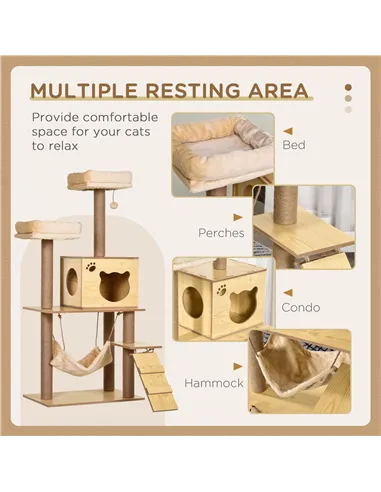 PawHut 130cm Cat Tree for Indoor Cats, Multi-Level Plush Cat Tower, with Five Scratching Posts, Two Perches, Cat House, Hammock