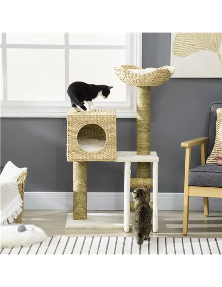 PawHut Cat Tree, with Scratching Posts, Bed, Cat House - Natural Finish