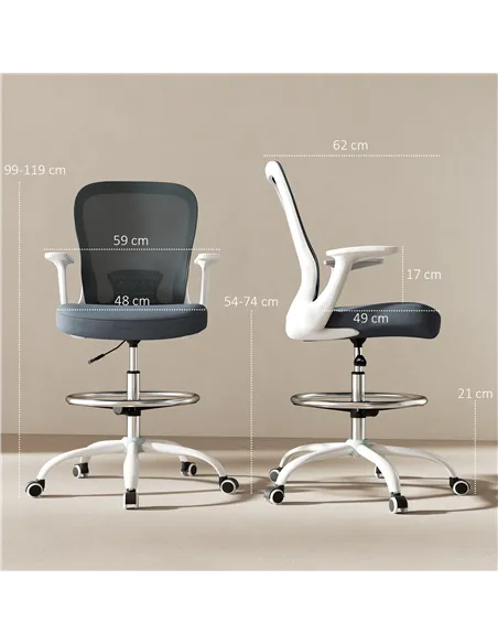 HOMCOM 99-119 cm Draughtsman Chair, with Adjustable Footrest - Grey
