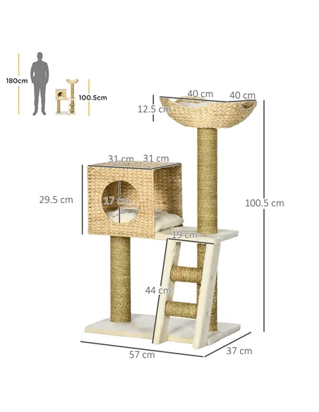 PawHut Cat Tree, with Scratching Posts, Bed, Cat House - Natural Finish