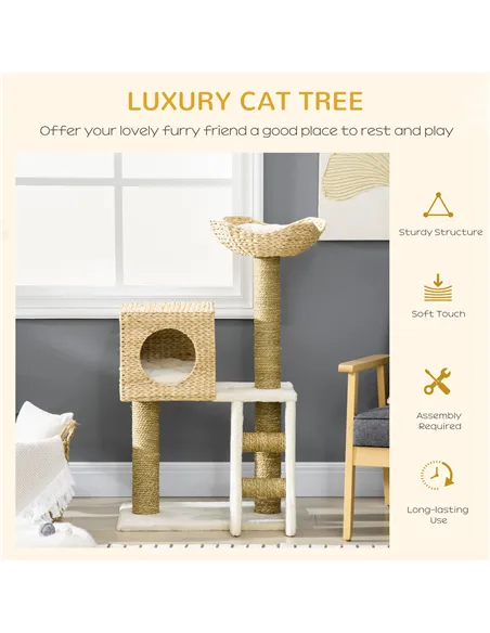 PawHut Cat Tree, with Scratching Posts, Bed, Cat House - Natural Finish