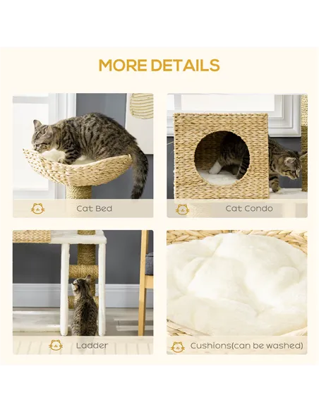 PawHut Cat Tree, with Scratching Posts, Bed, Cat House - Natural Finish