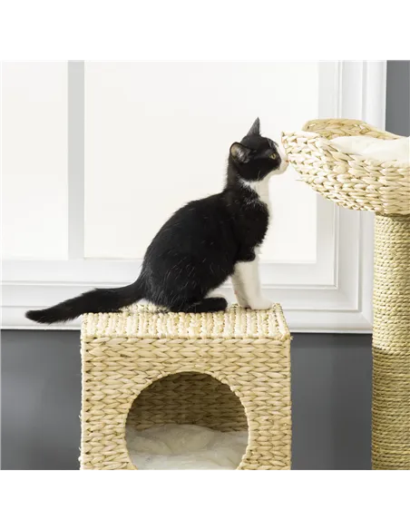 PawHut Cat Tree, with Scratching Posts, Bed, Cat House - Natural Finish