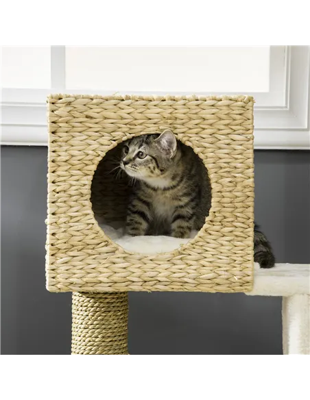 PawHut Cat Tree, with Scratching Posts, Bed, Cat House - Natural Finish