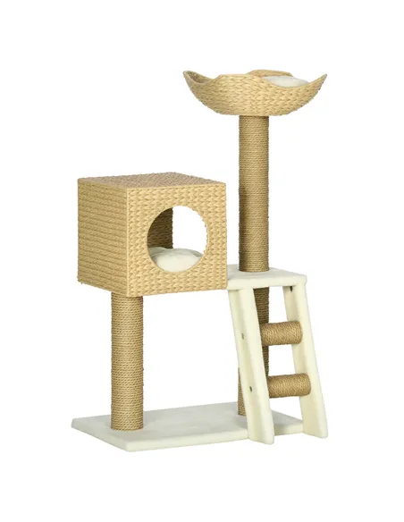 PawHut Cat Tree, with Scratching Posts, Bed, Cat House - Natural Finish