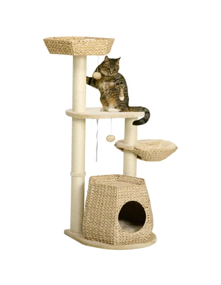 PawHut Cat Tree Activity Centre, with Cattail, Bed, Cat House, Sisal Post, Ball - Natural Tone