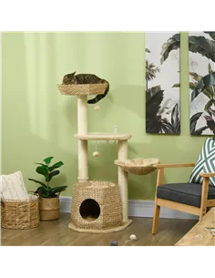 PawHut Cat Tree Activity Centre, with Cattail, Bed, Cat House, Sisal Post, Ball - Natural Tone 2