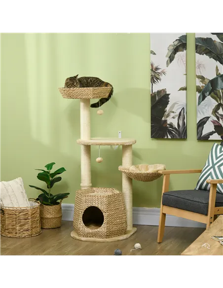 PawHut Cat Tree Activity Centre, with Cattail, Bed, Cat House, Sisal Post, Ball - Natural Tone