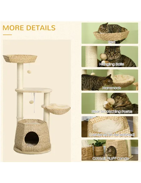 PawHut Cat Tree Activity Centre, with Cattail, Bed, Cat House, Sisal Post, Ball - Natural Tone