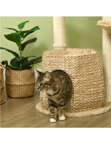PawHut Cat Tree Activity Centre, with Cattail, Bed, Cat House, Sisal Post, Ball - Natural Tone