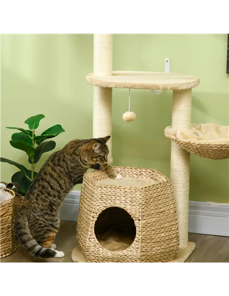 PawHut Cat Tree Activity Centre, with Cattail, Bed, Cat House, Sisal Post, Ball - Natural Tone