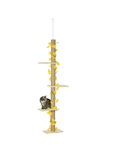PawHut 242cm Adjustable Floor-To-Ceiling Cat Tree, with Artificial Decoration, Perches, Anti-Slip Kit - Yellow