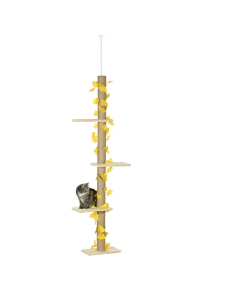 PawHut 242cm Adjustable Floor-To-Ceiling Cat Tree, with Artificial Decoration, Perches, Anti-Slip Kit - Yellow