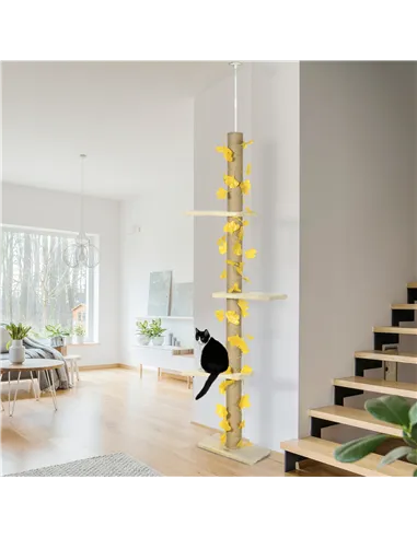 PawHut 242cm Adjustable Floor-To-Ceiling Cat Tree, with Artificial Decoration, Perches, Anti-Slip Kit - Yellow