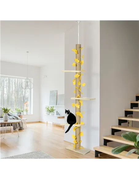 PawHut 242cm Adjustable Floor-To-Ceiling Cat Tree, with Artificial Decoration, Perches, Anti-Slip Kit - Yellow