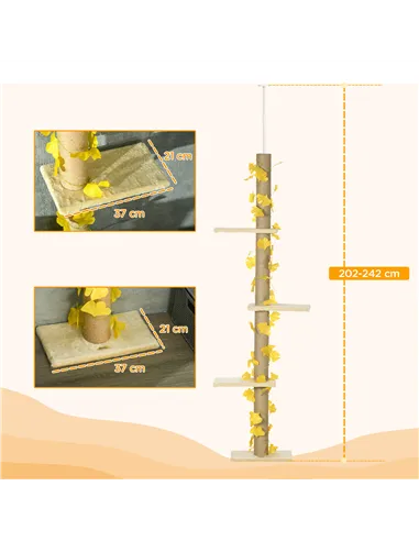 PawHut 242cm Adjustable Floor-To-Ceiling Cat Tree, with Artificial Decoration, Perches, Anti-Slip Kit - Yellow