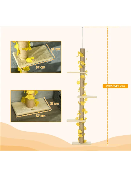 PawHut 242cm Adjustable Floor-To-Ceiling Cat Tree, with Artificial Decoration, Perches, Anti-Slip Kit - Yellow