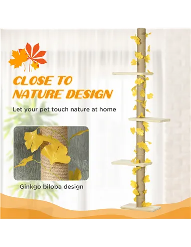 PawHut 242cm Adjustable Floor-To-Ceiling Cat Tree, with Artificial Decoration, Perches, Anti-Slip Kit - Yellow