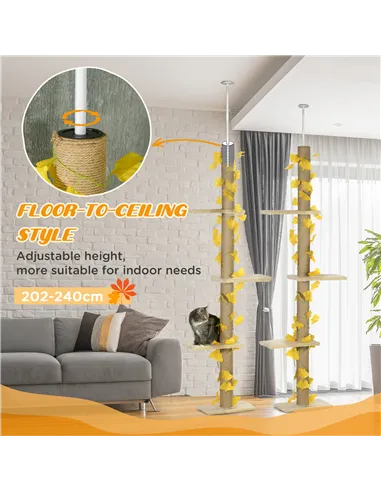 PawHut 242cm Adjustable Floor-To-Ceiling Cat Tree, with Artificial Decoration, Perches, Anti-Slip Kit - Yellow