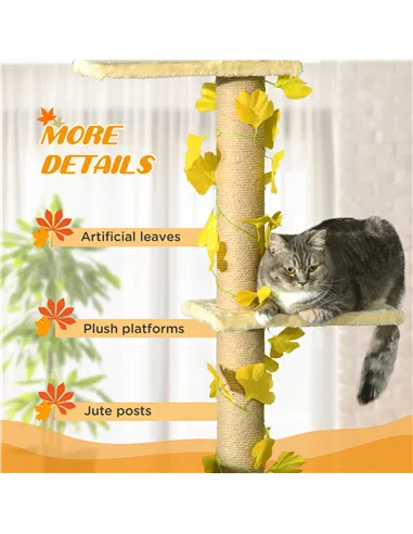 PawHut 242cm Adjustable Floor-To-Ceiling Cat Tree, with Artificial Decoration, Perches, Anti-Slip Kit - Yellow