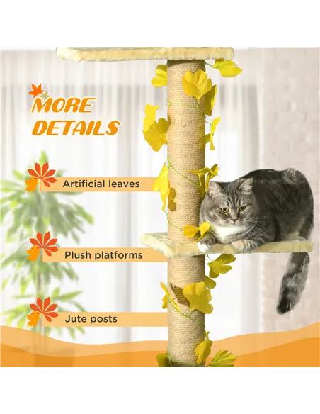 PawHut 242cm Adjustable Floor-To-Ceiling Cat Tree, with Artificial Decoration, Perches, Anti-Slip Kit - Yellow