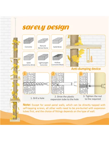 PawHut 242cm Adjustable Floor-To-Ceiling Cat Tree, with Artificial Decoration, Perches, Anti-Slip Kit - Yellow