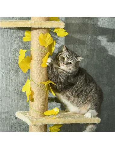 PawHut 242cm Adjustable Floor-To-Ceiling Cat Tree, with Artificial Decoration, Perches, Anti-Slip Kit - Yellow