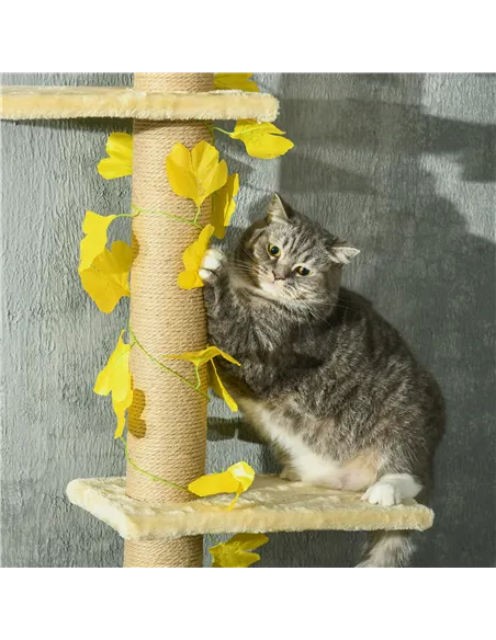PawHut 242cm Adjustable Floor-To-Ceiling Cat Tree, with Artificial Decoration, Perches, Anti-Slip Kit - Yellow