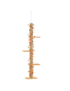 PawHut 242cm Adjustable Floor-To-Ceiling Cat Tree, with Artificial Decoration, Perches, Anti-Slip Kit - Orange