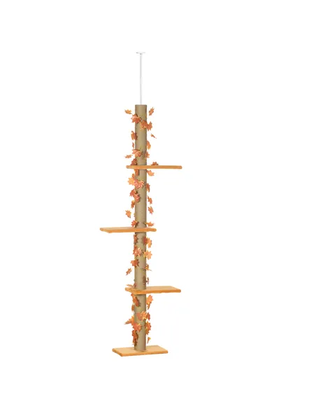 PawHut 242cm Adjustable Floor-To-Ceiling Cat Tree, with Artificial Decoration, Perches, Anti-Slip Kit - Orange