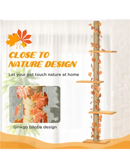 PawHut 242cm Adjustable Floor-To-Ceiling Cat Tree, with Artificial Decoration, Perches, Anti-Slip Kit - Orange