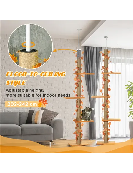 PawHut 242cm Adjustable Floor-To-Ceiling Cat Tree, with Artificial Decoration, Perches, Anti-Slip Kit - Orange