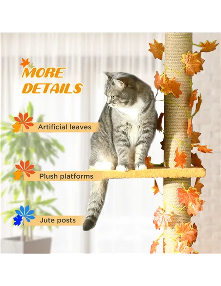 PawHut 242cm Adjustable Floor-To-Ceiling Cat Tree, with Artificial Decoration, Perches, Anti-Slip Kit - Orange
