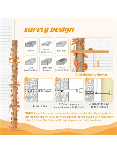 PawHut 242cm Adjustable Floor-To-Ceiling Cat Tree, with Artificial Decoration, Perches, Anti-Slip Kit - Orange