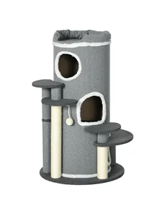 PawHut Barrel Shaped Cat Tree with Sisal Scratching Posts, Cat Bed, Platforms, Hanging Ball, Grey, Grey