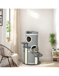 PawHut Barrel Shaped Cat Tree with Sisal Scratching Posts, Cat Bed, Platforms, Hanging Ball, Grey, Grey 2